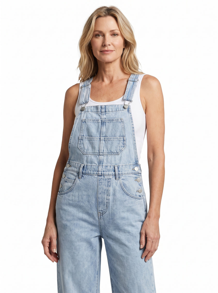 Women's wide-leg light wash denim bib overall jumpsuit