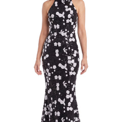 Women's sequin floral mermaid maxi dress in black with white floral sequins