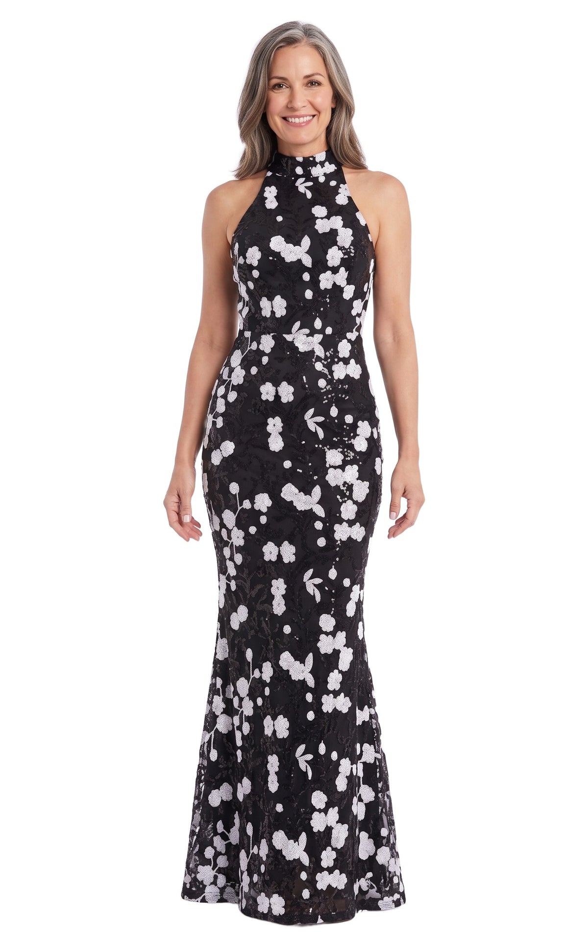 Women's sequin floral mermaid maxi dress in black with white floral sequins