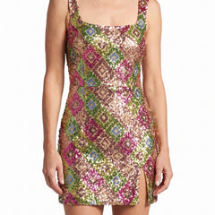 Women's sequin square-neck fitted mini dress in multicolour sequins