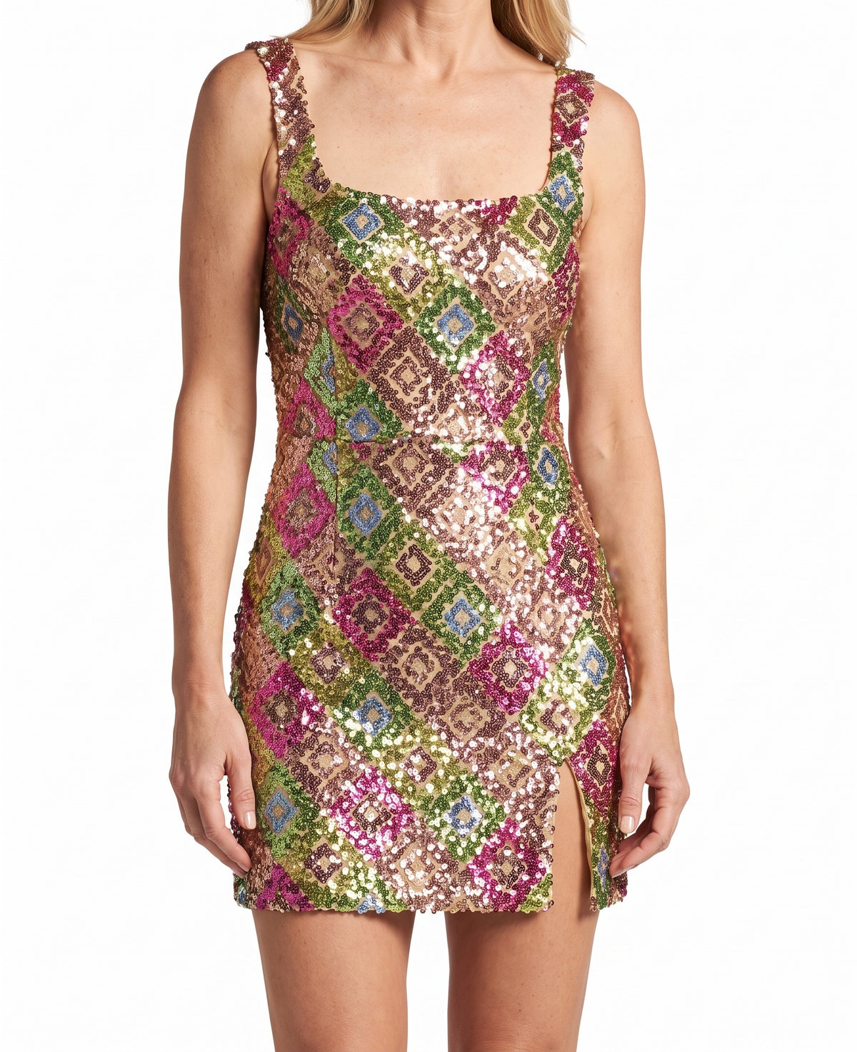 Women's sequin square-neck fitted mini dress in multicolour sequins