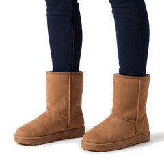 Bianca-Louisa women's camel suede-look ankle boots worn with jeans