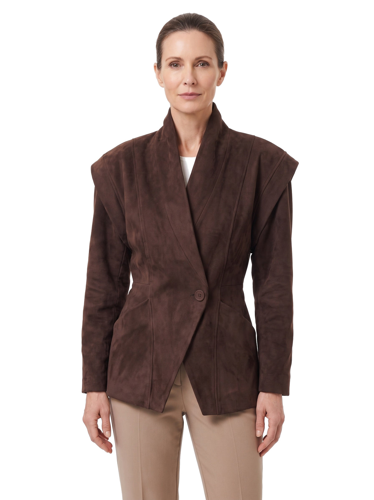 Daphne-Eugenia Women's Wrap Blazer Coat in brown suede