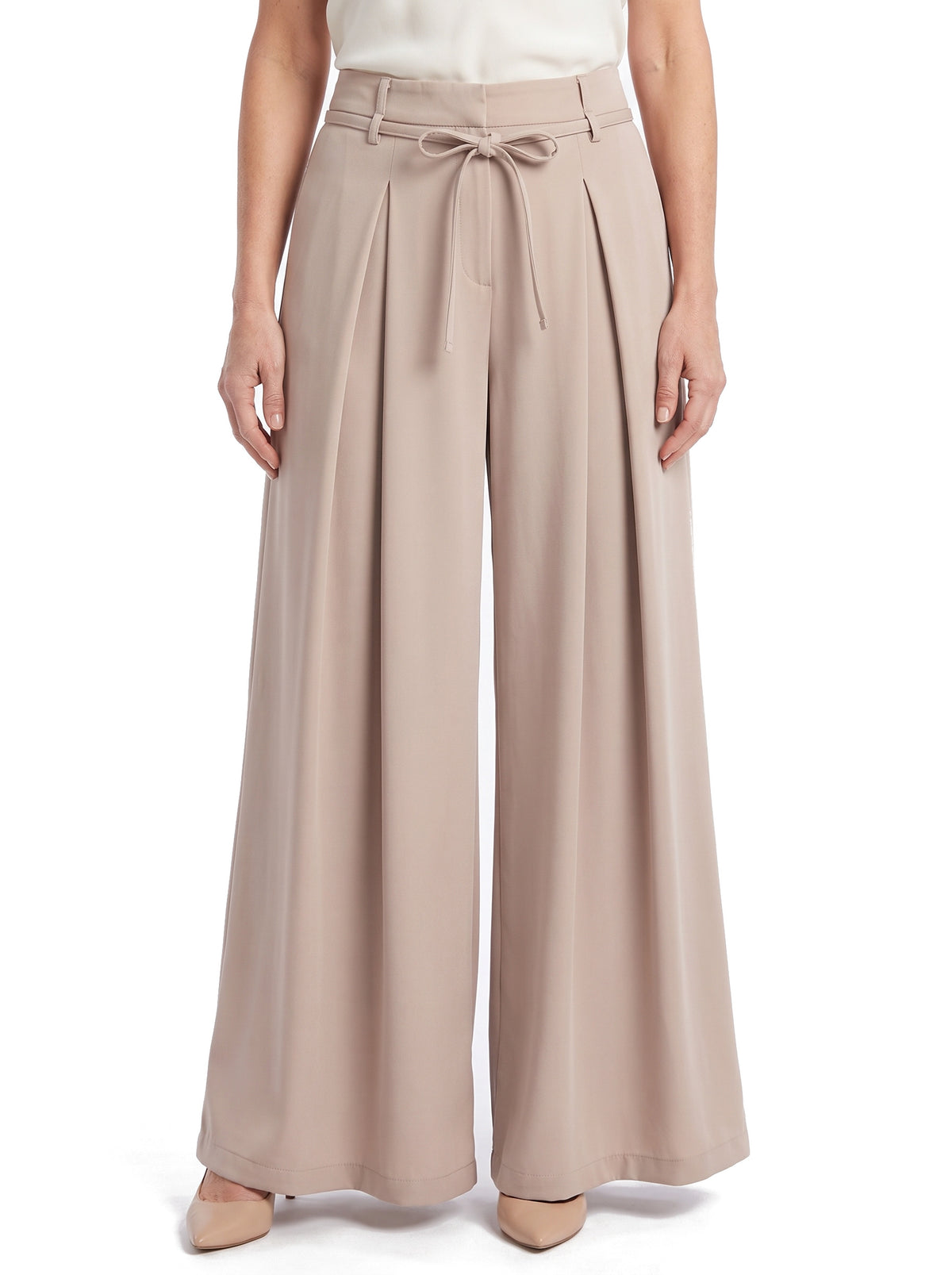 Women's pleated wide-leg palazzo trousers in greige, worn waist to feet