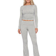 Women's long sleeve grey marl crop top and high waisted flare trousers set