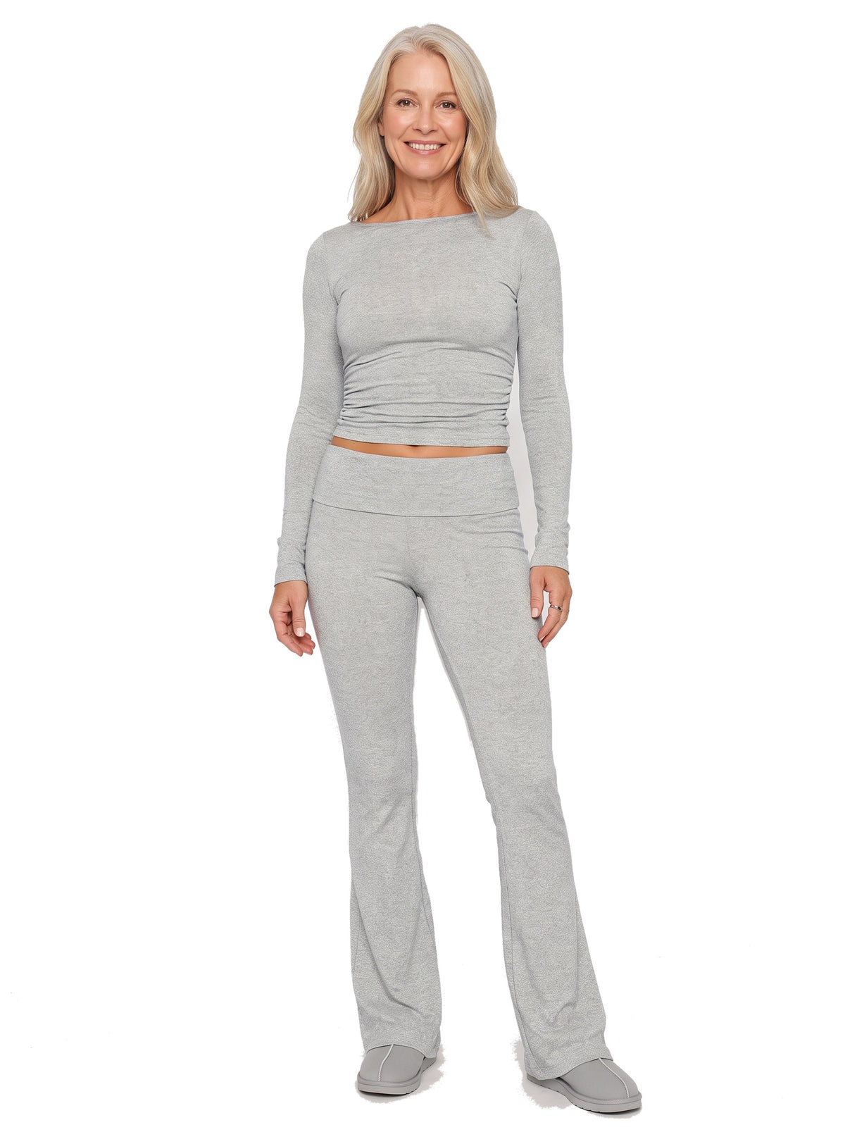 Women's long sleeve grey marl crop top and high waisted flare trousers set