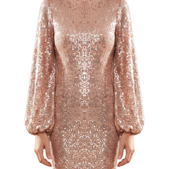 Women's rose gold sequin puff-sleeve high-neck mini dress