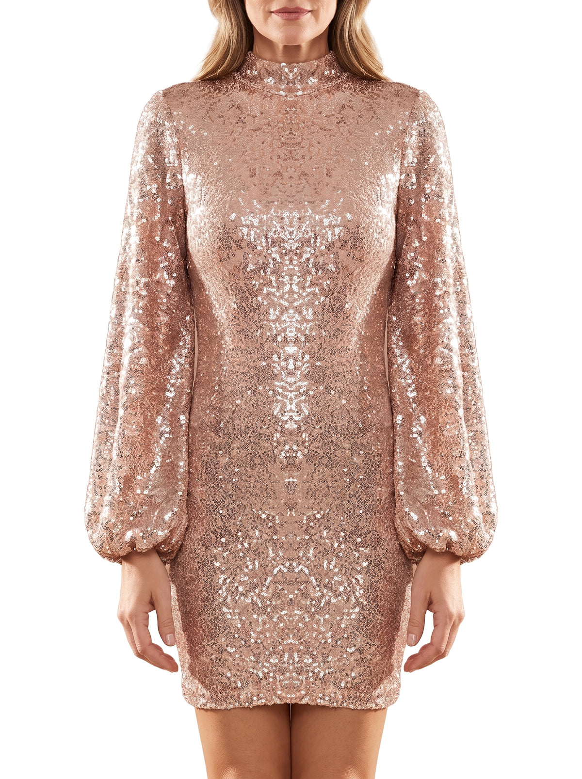 Women's rose gold sequin puff-sleeve high-neck mini dress