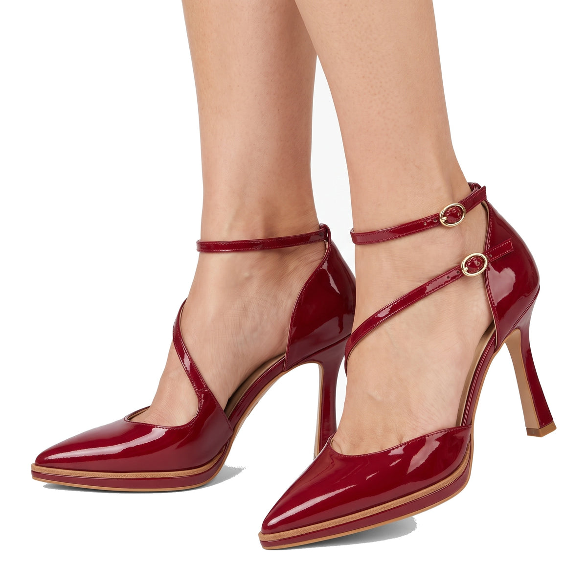 Women's pointed-toe ankle-strap heels in deep red patent