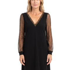 Women's V-Neck Glitter Mesh Sleeve Mini Dress in black