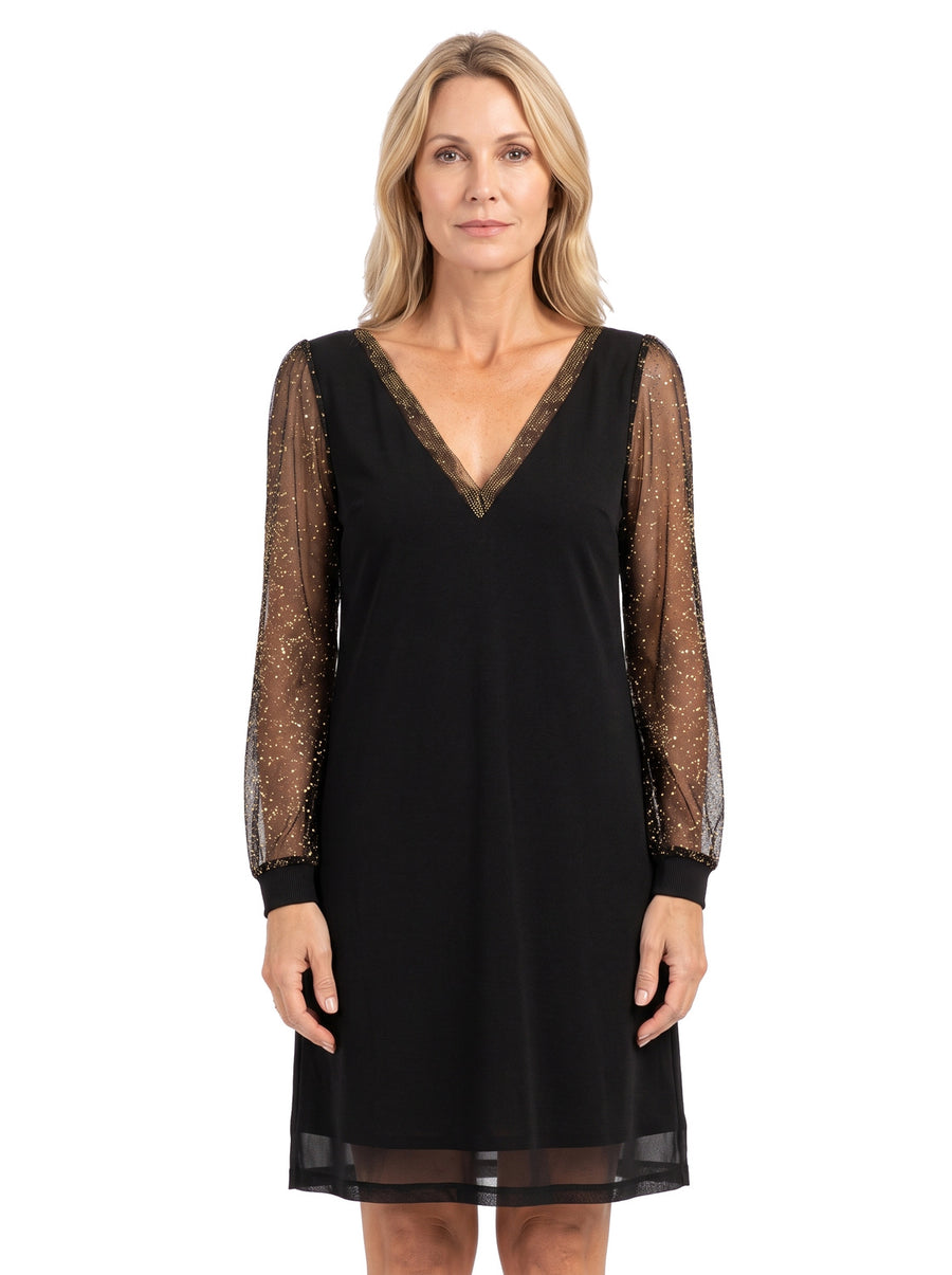 Women's V-Neck Glitter Mesh Sleeve Mini Dress in black