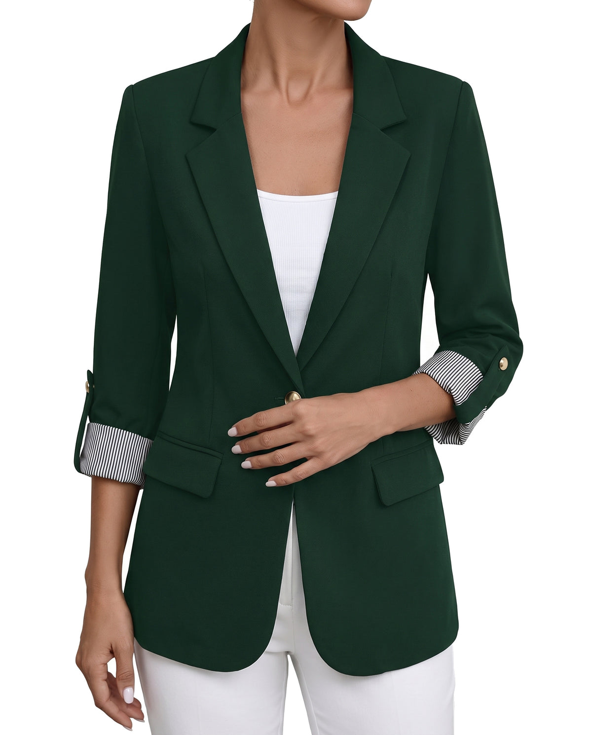 Women's roll-tab sleeve blazer in dark forest green, worn open over a white top
