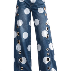 Women's polka dot wide leg flared jeans with brass grommet side detail