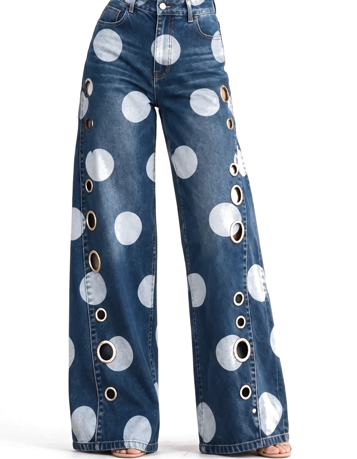 Women's polka dot wide leg flared jeans with brass grommet side detail