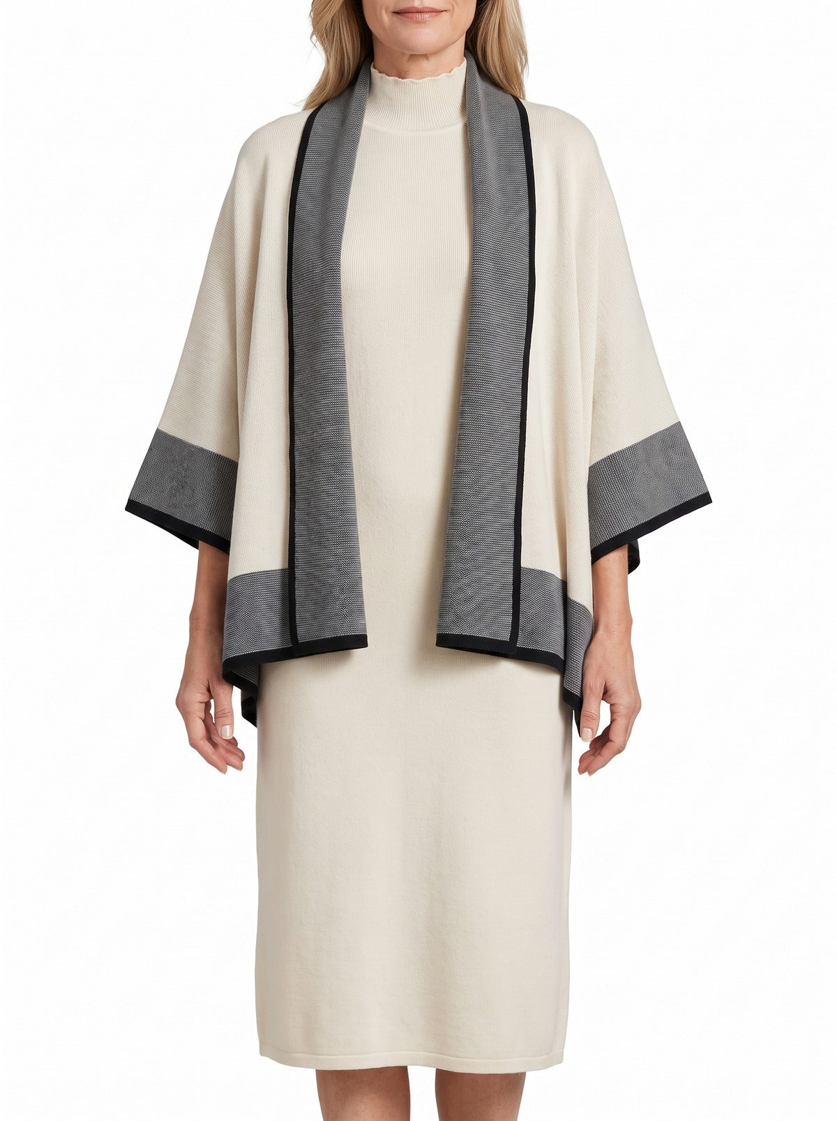 Woman wearing the Selma-Ruth draped cardigan midi dress set in cream with grey trim