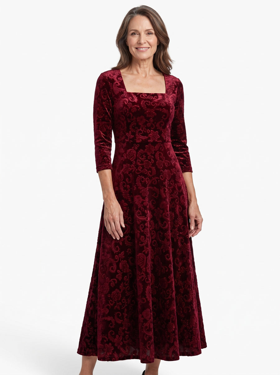 Genevieve-Bernadette | Women's Square-Neck Embossed Velvet Midi Dress