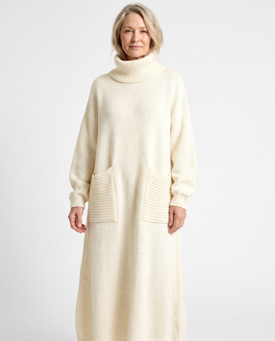 Judith-Celeste Women's Oversized Turtleneck Sweater Maxi Dress worn by model