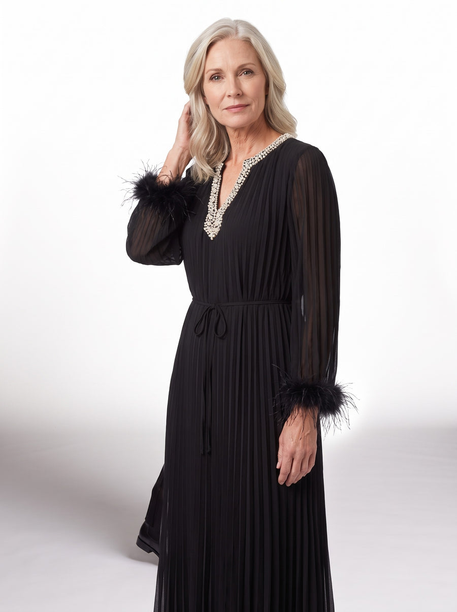 Minerva-Iris Women's Feather-Trim Maxi Dress worn by model