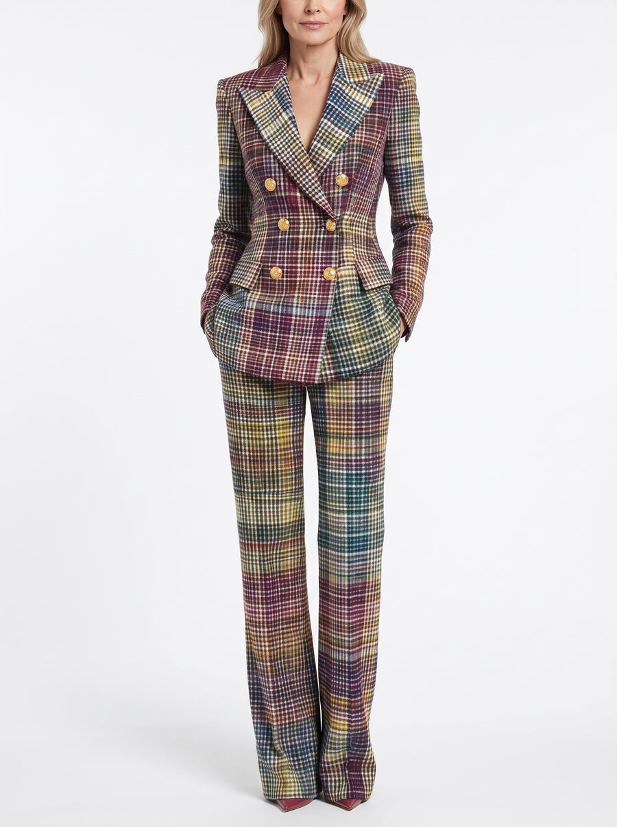 Zelda-Violet Women's Plaid Blazer and Wide Leg Trousers Set