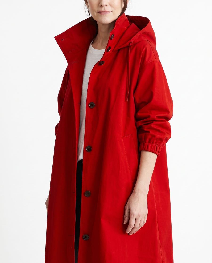 Paloma Women's Hooded Longline Coat worn by a model, red