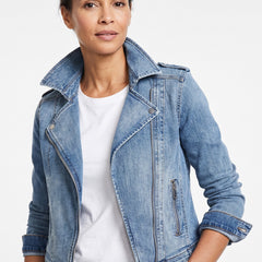 Delia-Gloria Women's Slim Denim Biker Jacket worn by model