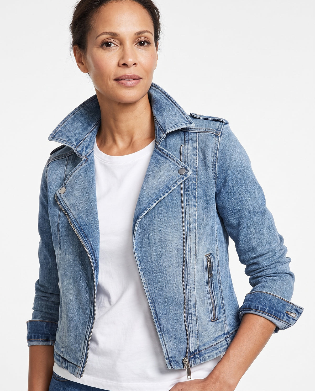 Delia-Gloria Women's Slim Denim Biker Jacket worn by model