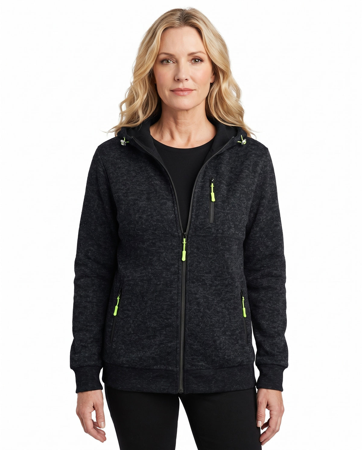 Gwendolyn-Henrietta Women's Marled Knit Zip-Front Hoodie worn by model