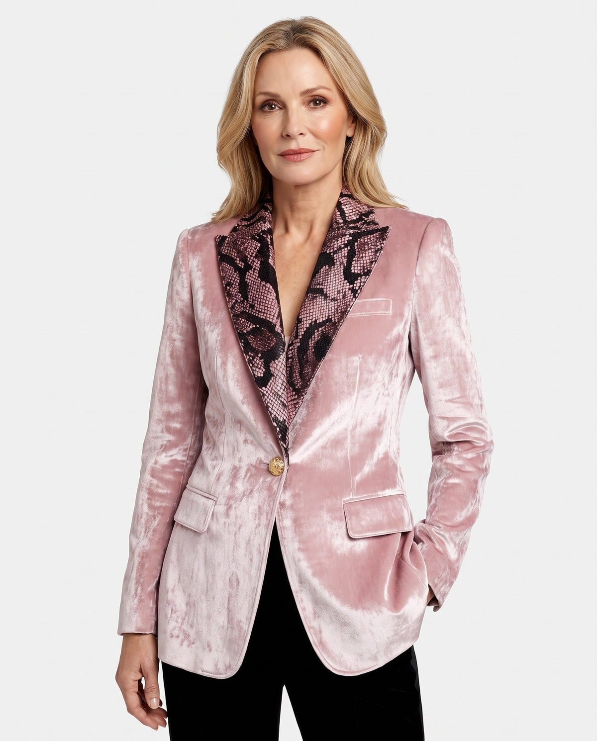 Sigrid-Stella Women's Snake-Print Lapel Velvet Blazer worn by model