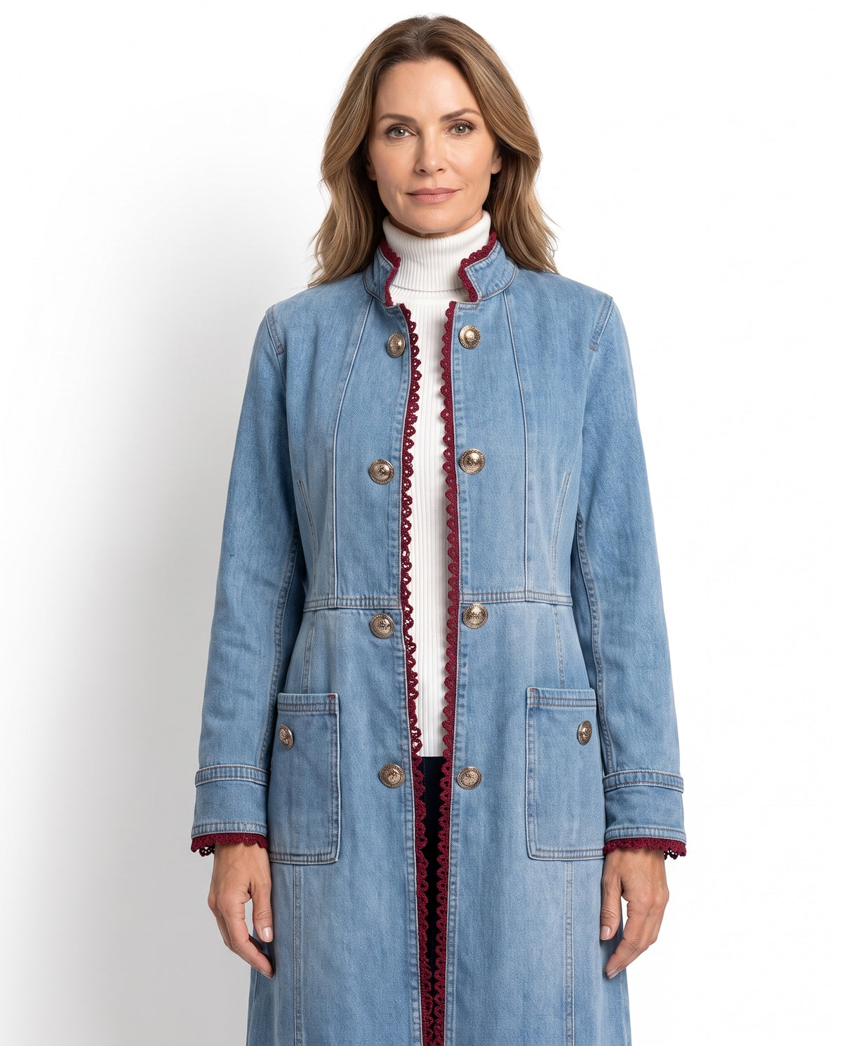 Flora-Teresa | Women's Red-Trim Denim Duster Trench Coat