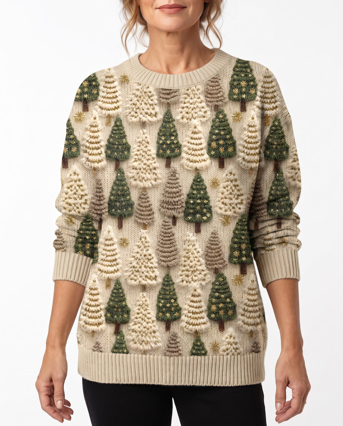 Edith-Joyce Women's Christmas Tree Crew Neck Sweater on model