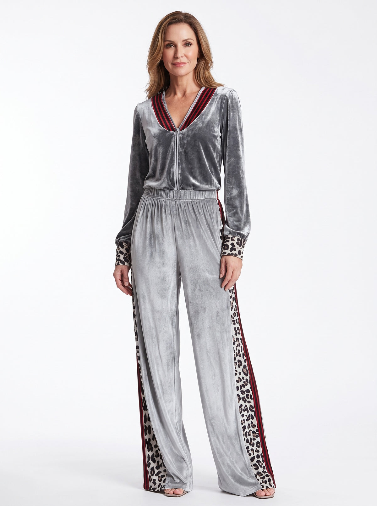 Georgia-Celeste Women's Striped and Leopard-Trim Velour Jumpsuit hero image