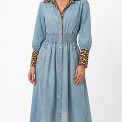 Phyllis-Estelle Women's Leopard-Trim Denim Shirt Dress hero image