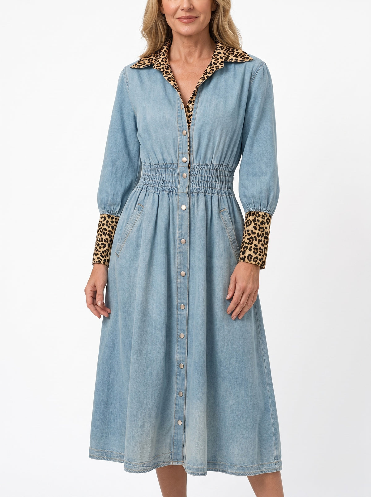 Phyllis-Estelle Women's Leopard-Trim Denim Shirt Dress hero image