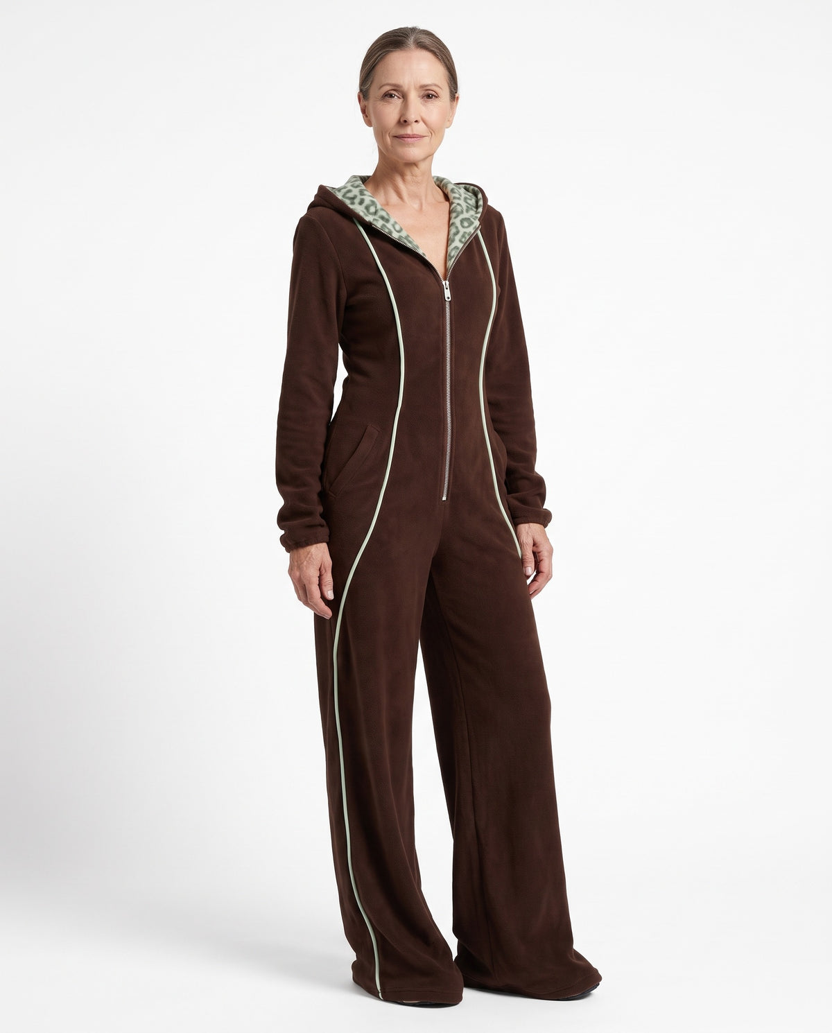 Stella-Astrid Women's Hooded Leopard-Lined Fleece Jumpsuit