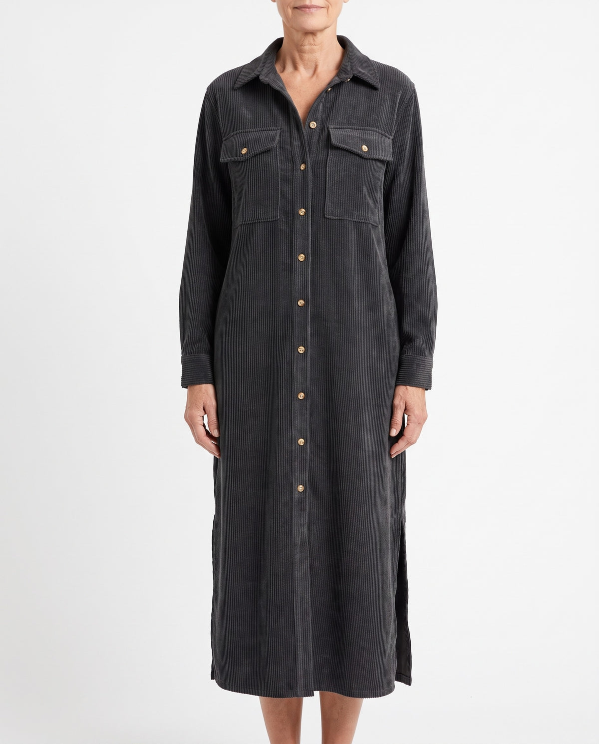 Mabel-Sabine Women's Button-Down Corduroy Shirt Dress with Side Slit