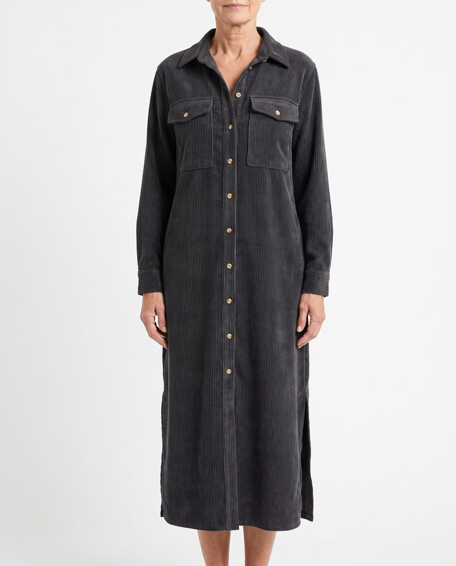 Mabel-Sabine Women's Button-Down Corduroy Shirt Dress with Side Slit