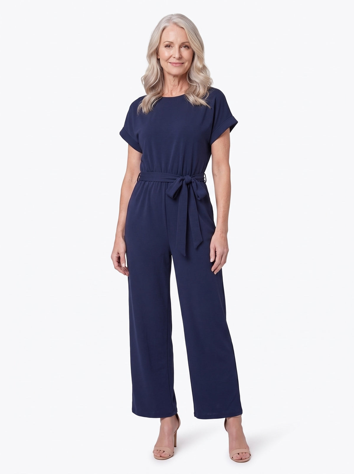 Nella tie-waist wide-leg jumpsuit worn by a model