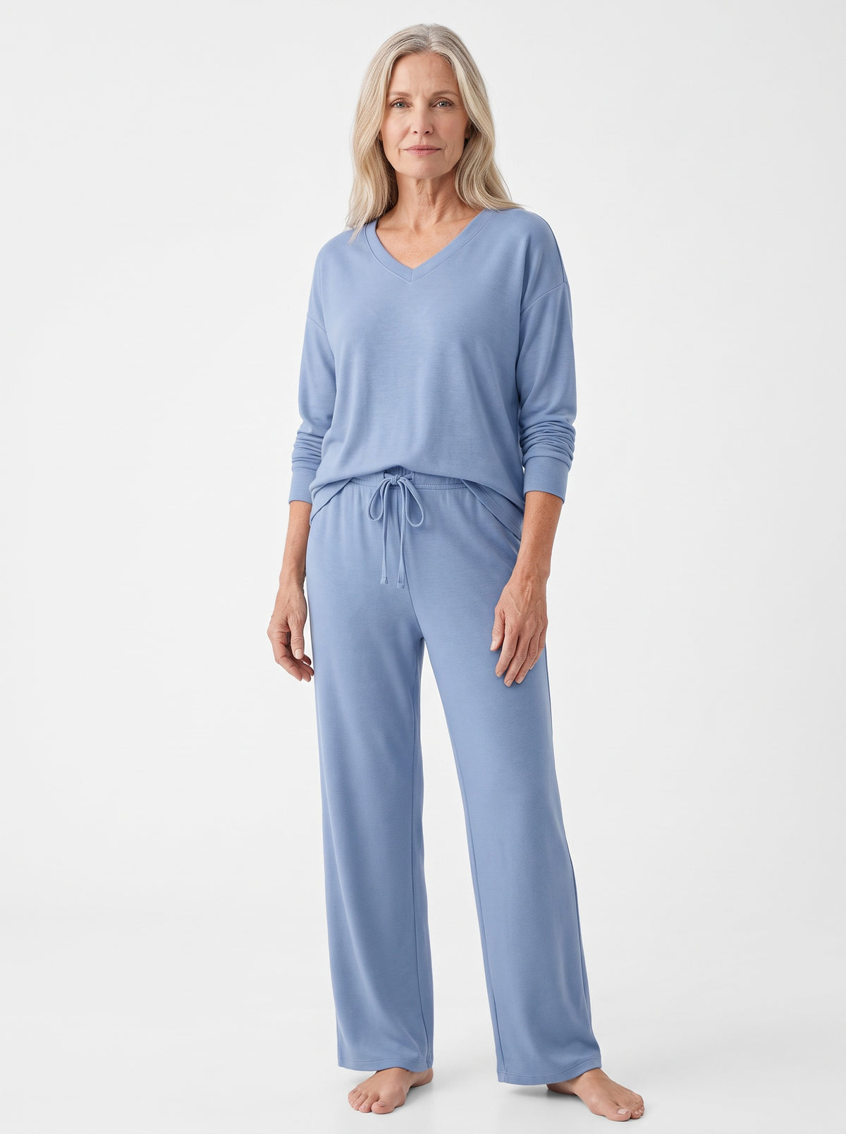 Lorraine Women's V-Neck Wide-Leg Lounge Set, light blue, worn by a model