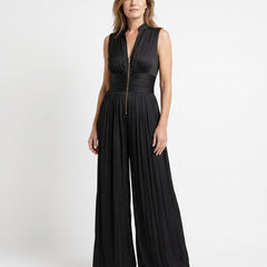 Constance black wide-leg zip-front jumpsuit worn by model