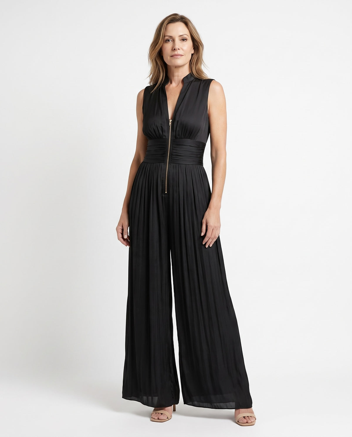 Constance black wide-leg zip-front jumpsuit worn by model