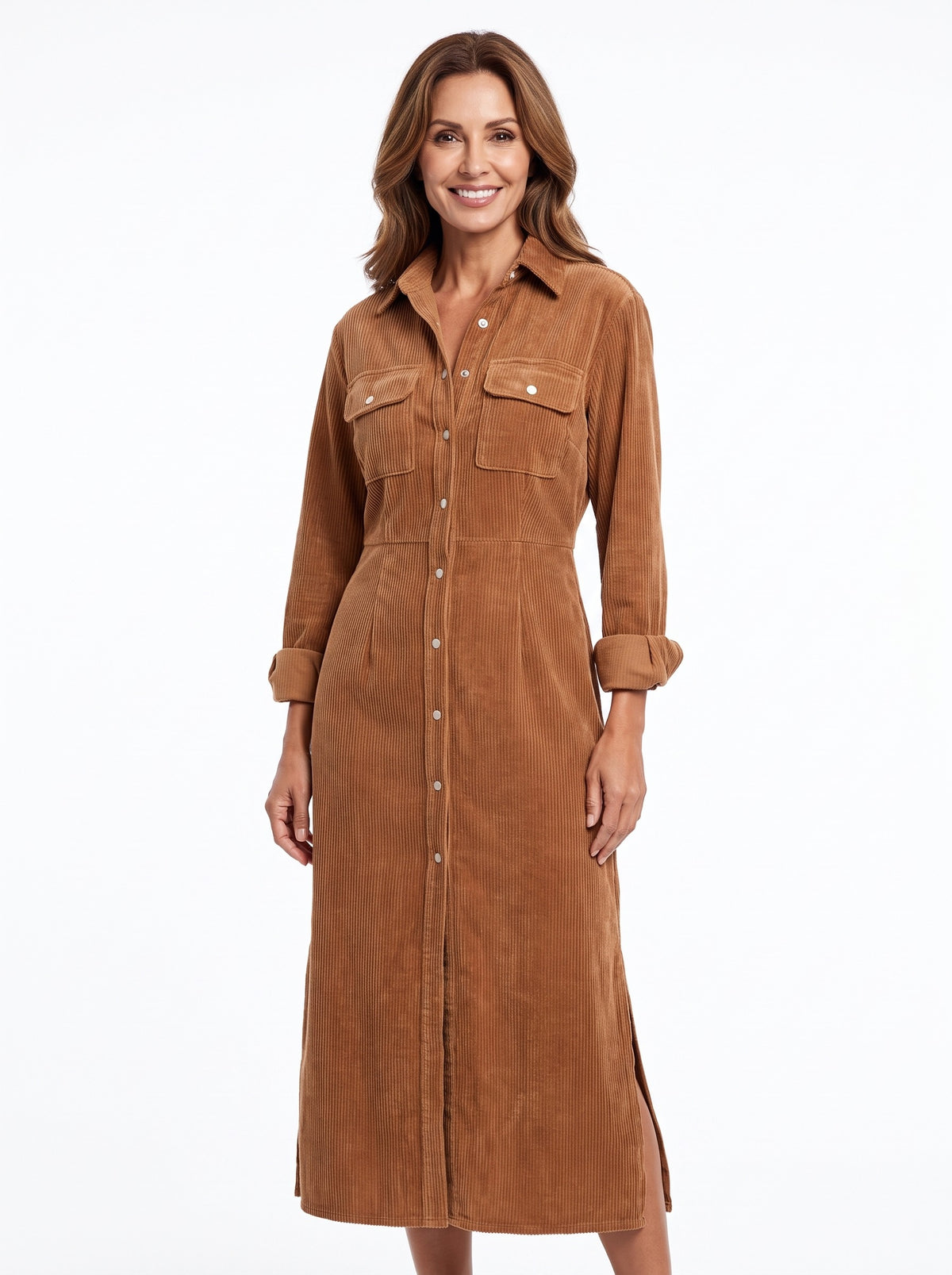 Lavinia | Women's Ribbed Corduroy Button-Front Shirt Dress