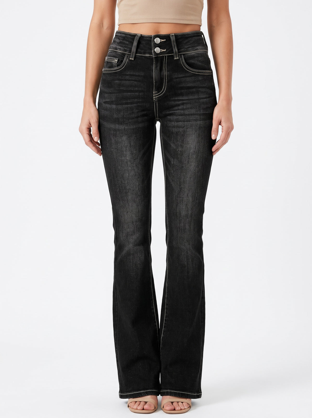 Veronica Women's High-Waisted Flare Jeans with Double-Button Waist