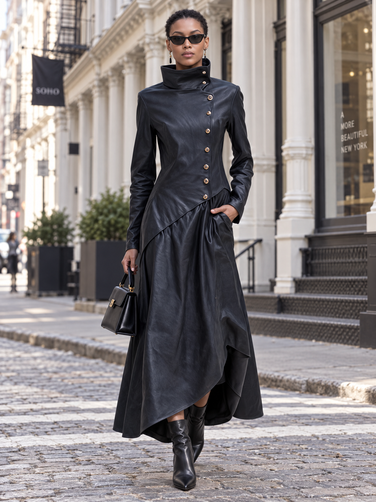 Silvia-Vera | Women's Asymmetric-Hem Leather Maxi Coat