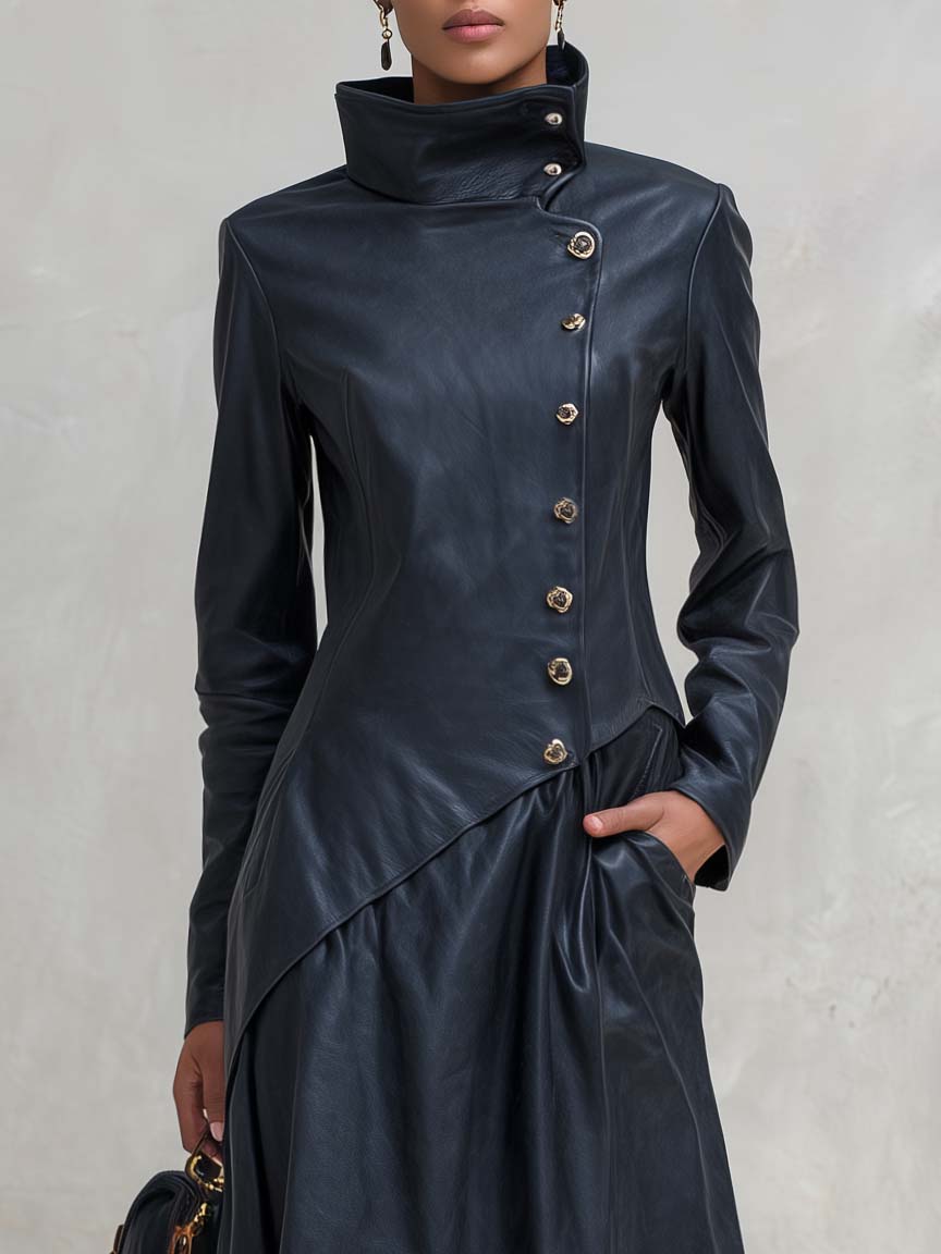 Silvia-Vera | Women's Asymmetric-Hem Leather Maxi Coat