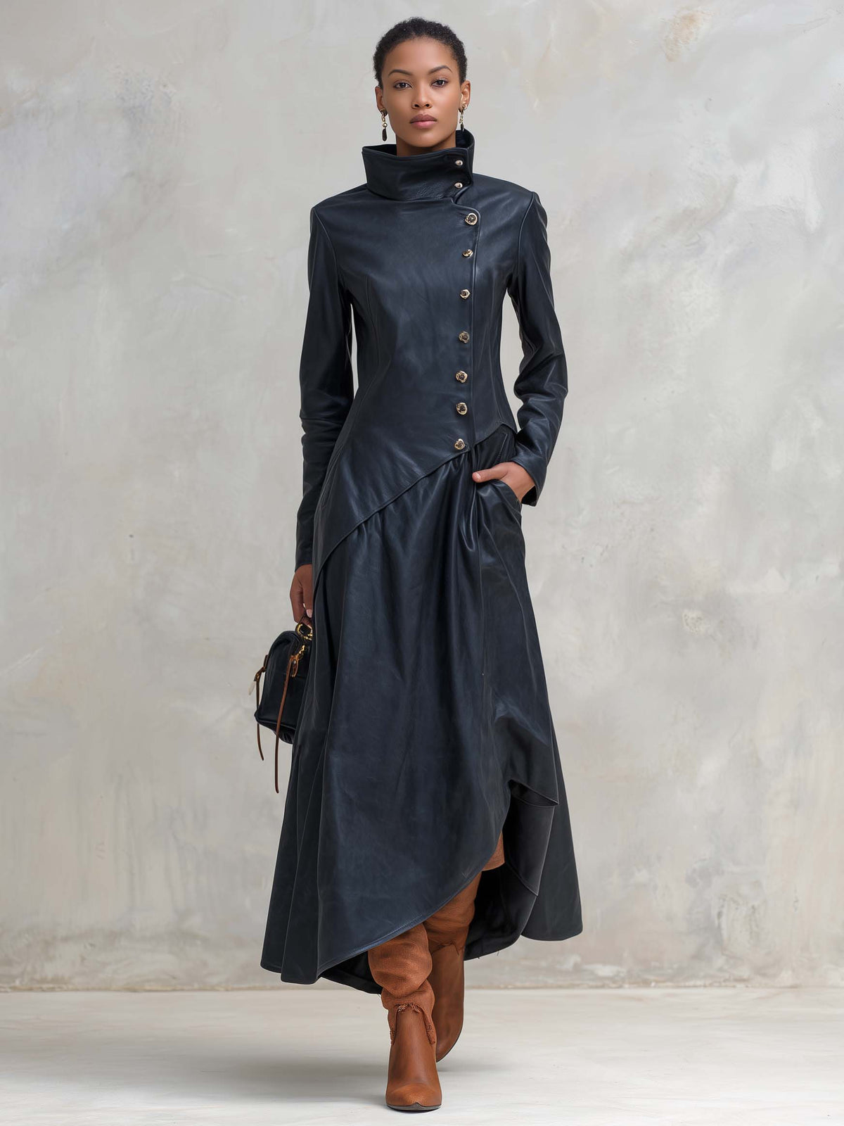Silvia-Vera | Women's Asymmetric-Hem Leather Maxi Coat
