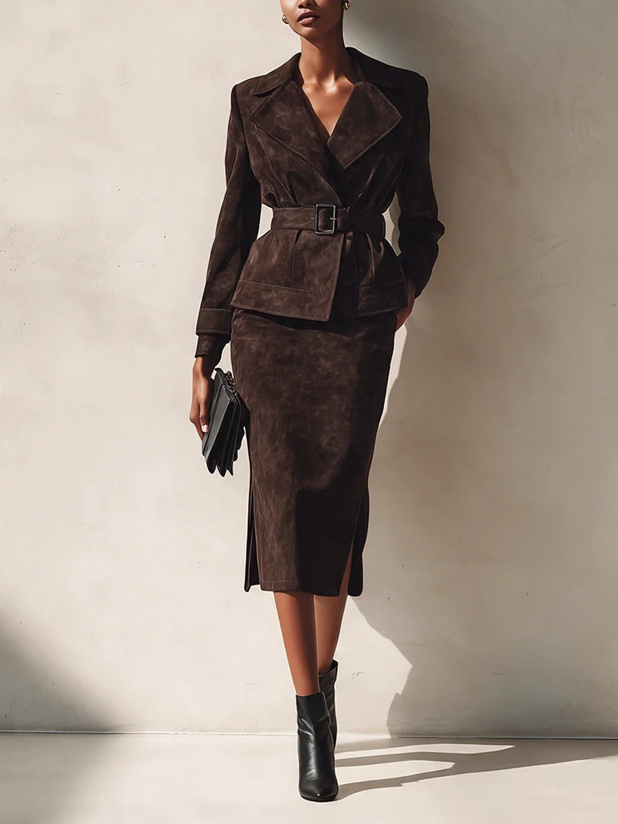 Clara-Wilhelmina | Women's Belted Blazer Midi Skirt Two Piece Set