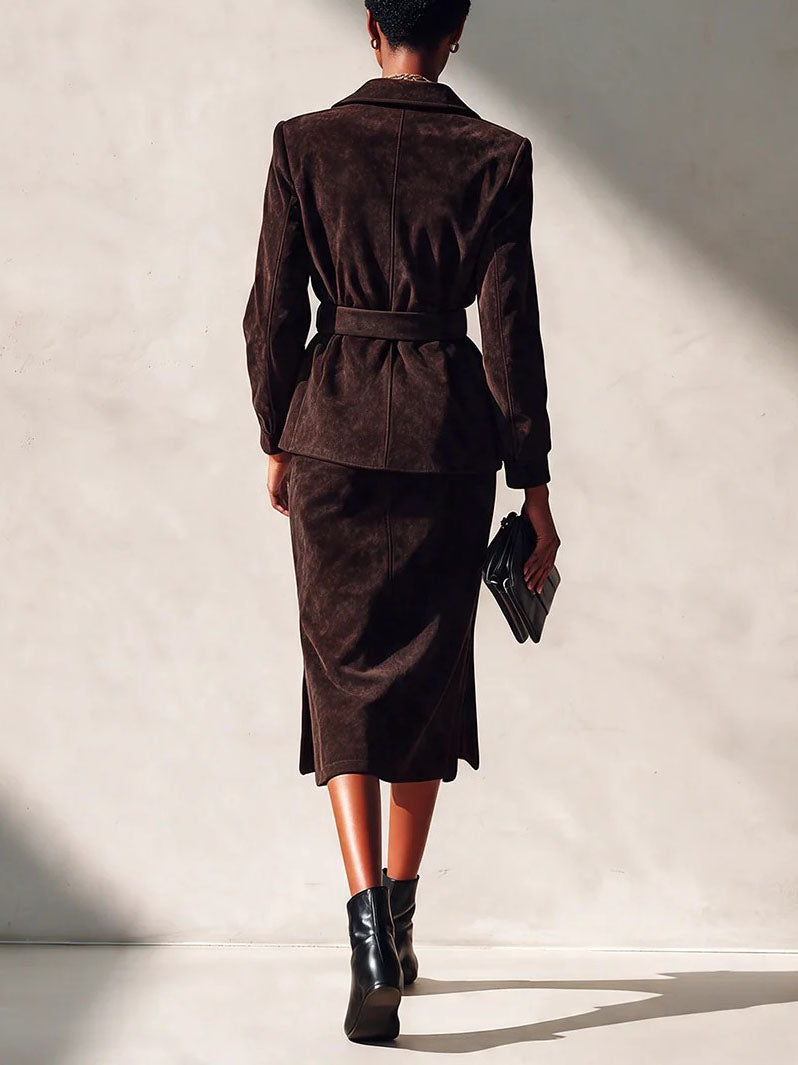 Clara-Wilhelmina | Women's Belted Blazer Midi Skirt Two Piece Set