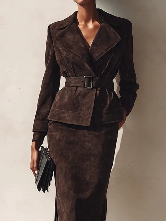 Clara-Wilhelmina | Women's Belted Blazer Midi Skirt Two Piece Set