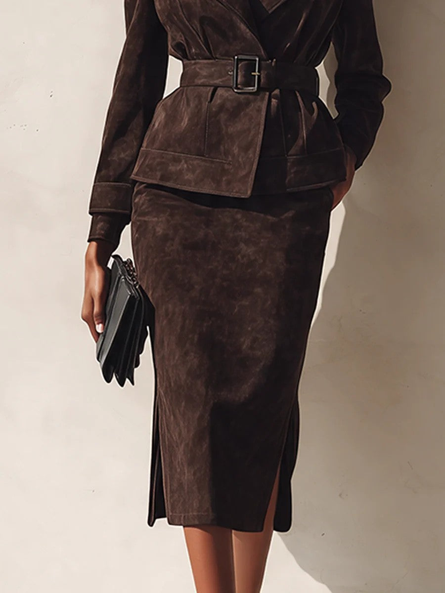 Clara-Wilhelmina | Women's Belted Blazer Midi Skirt Two Piece Set
