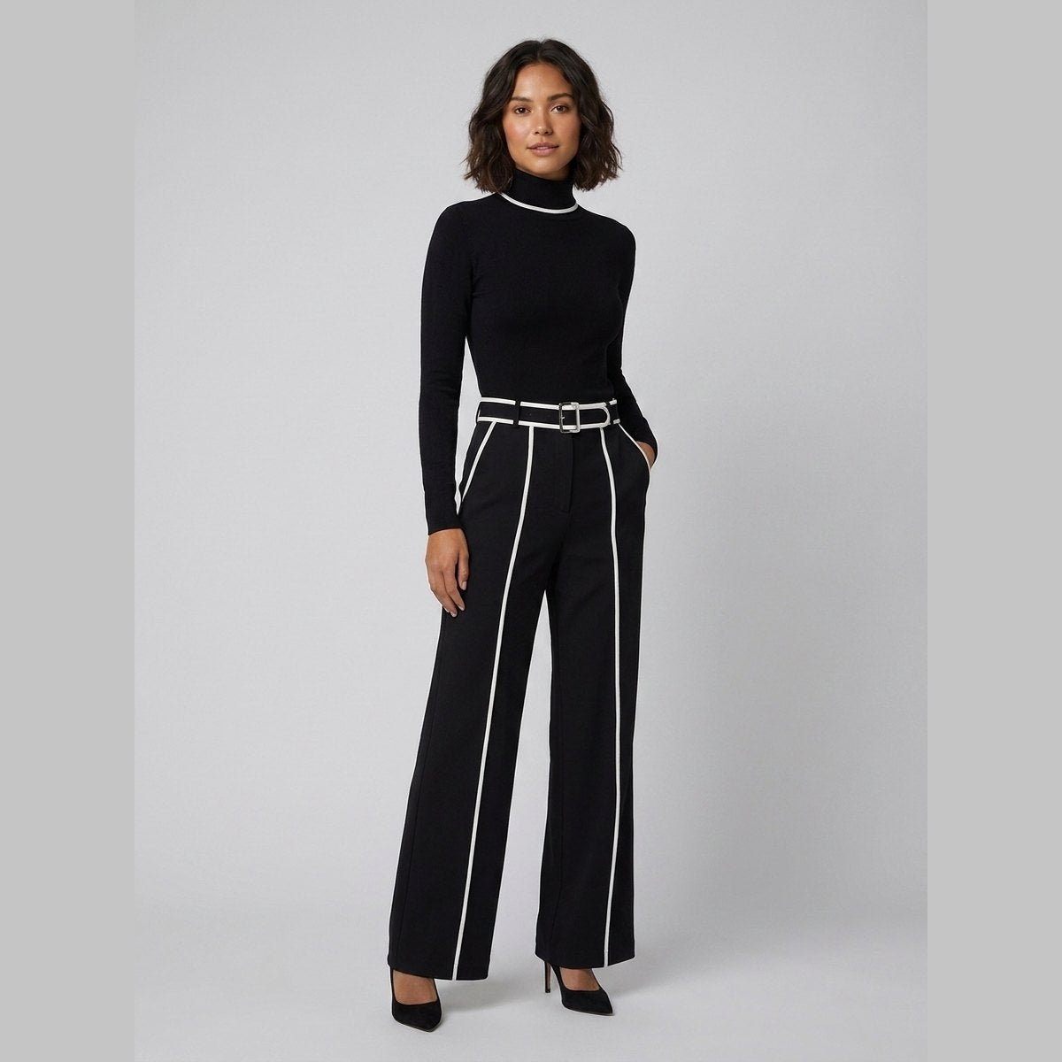 Cecile | Women's Belted Knit Jumpsuit with Contrast Piping